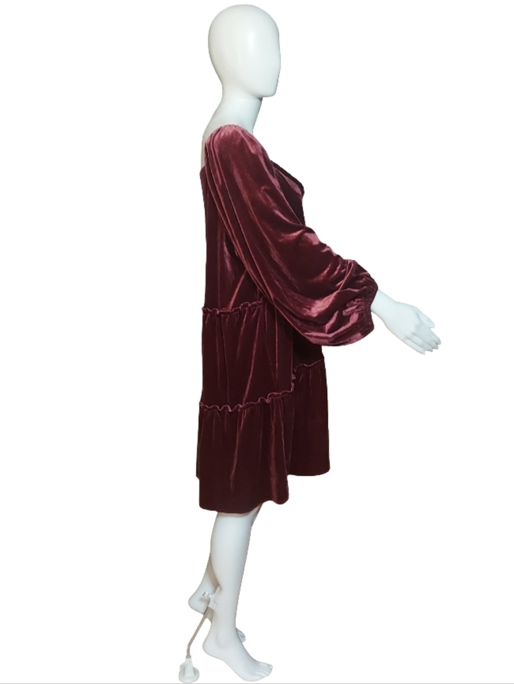 Betsey Johnson Velvet Tiered Babydoll Dress In Burgundy - Picture 7 of 16